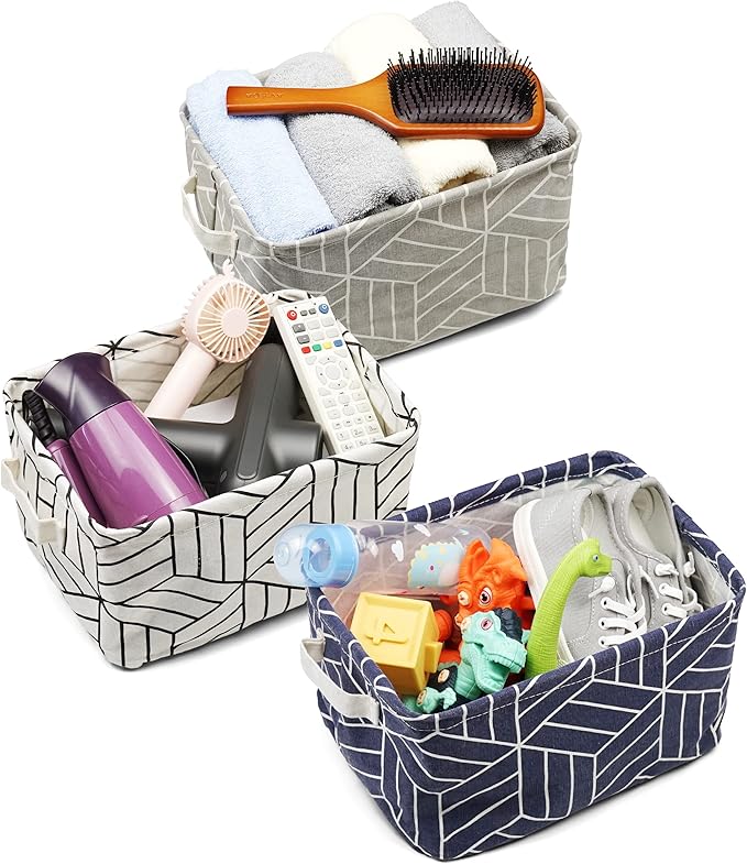 CROWNED 6 Pcs Storage Basket Foldable Cube Fabric Bins Square Mini Box Receive Organizer Rectangle Canvas with Handles for Home Office Books Small 11x8x6.3 inch Navy