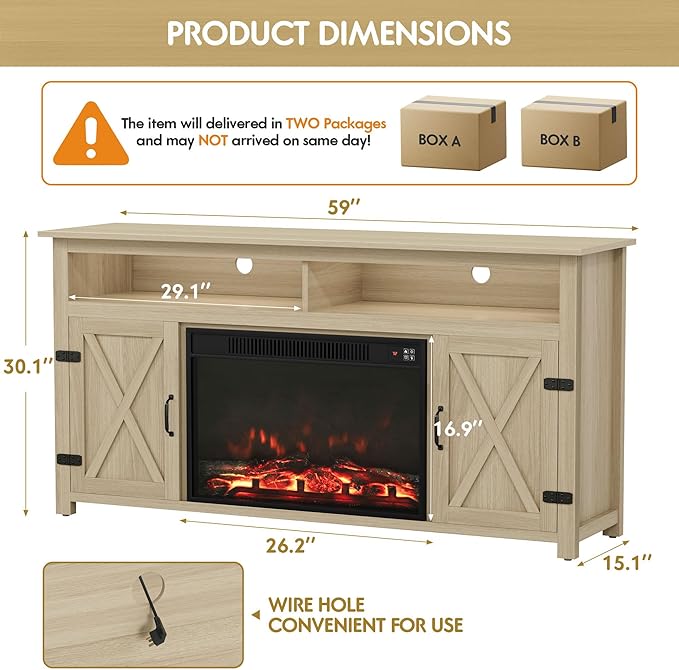 YESHOMY Fireplace TV Stand for Television up to 65+ Inch with Storage and Farmhouse Barn Doors, Entertainment Center with Cabinet and Shelves, Media Console for Living Room, Oak