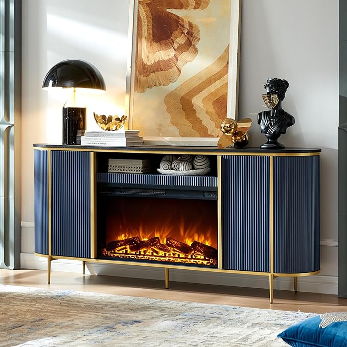 OKD Luxury 70" Fluted Fireplace TV Stand, Modern Chic Entertainment Center for TVs Up to 80 inches, TV Console with Faux Marble Top, Curved Profile Design, Media Console for Living Room, Navy Blue