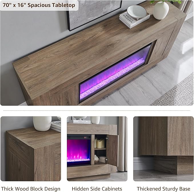 OKD Modern 70" Fireplace TV Stand with 36" Electric Fireplace, Entertainment Center for TVs Up to 80", Media Console with Side Cabinets, Thick Wood Design for Living Room, Alder Grey