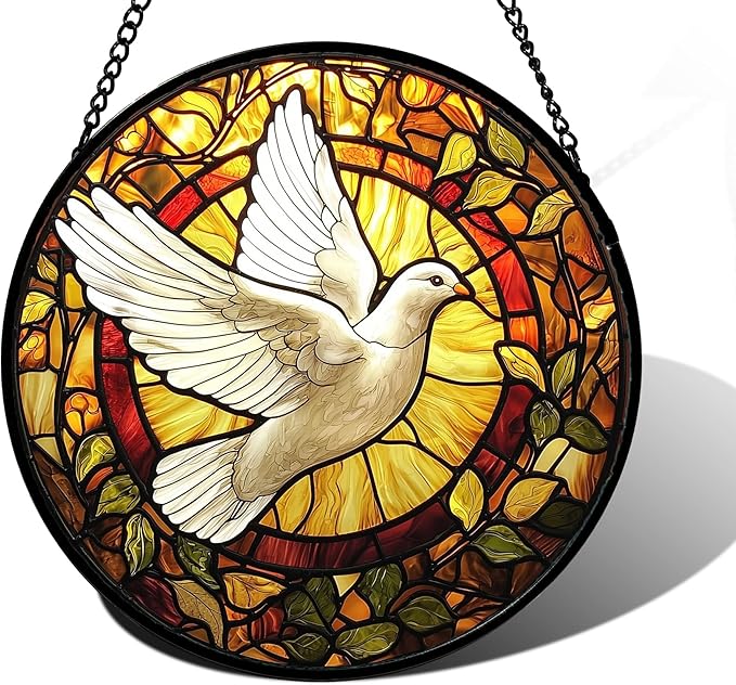 Stained Glass Window Hanging, Flying White Dove Sun Catchers Diamond Glass Panel Hangings Cute Birds Suncatcher Decor for Birthday for Women, Men, Wife, Aunt,and Mom 7.8X7.8IN