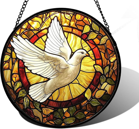 Stained Glass Window Hanging, Flying White Dove Sun Catchers Diamond Glass Panel Hangings Cute Birds Suncatcher Decor for Birthday for Women, Men, Wife, Aunt,and Mom 7.8X7.8IN