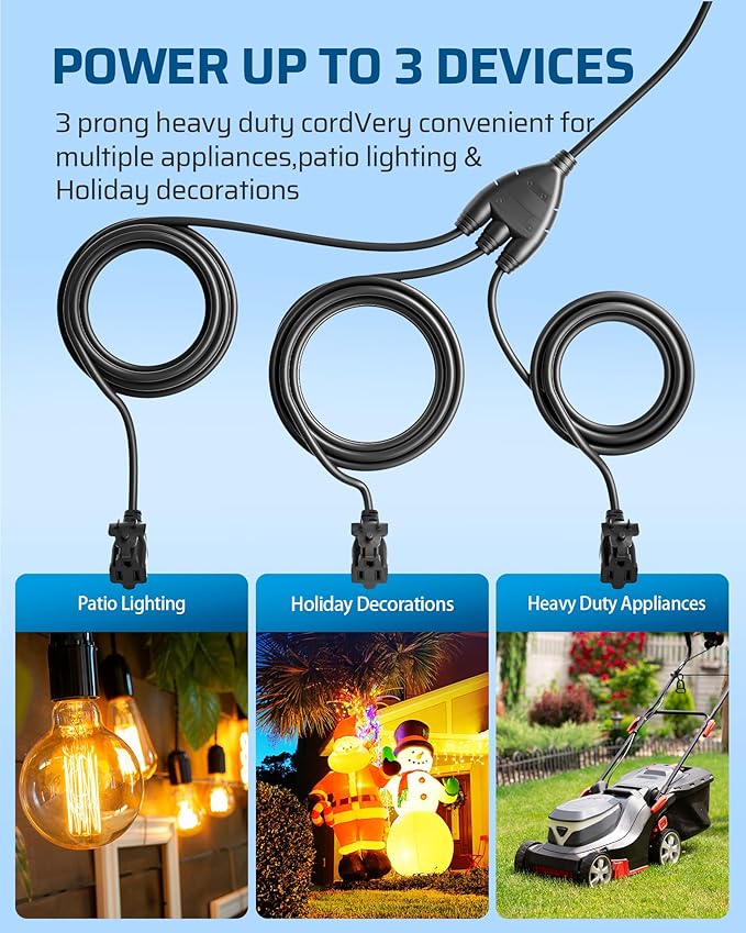 DEWENWILS Outdoor Extension Cord Multiple Outlets 45ft, Evenly Spaced 3 Outlets Plugs with Safety Cover, 16/3 SJTW Weatherproof Wire for Christmas Lights Holiday Decorations