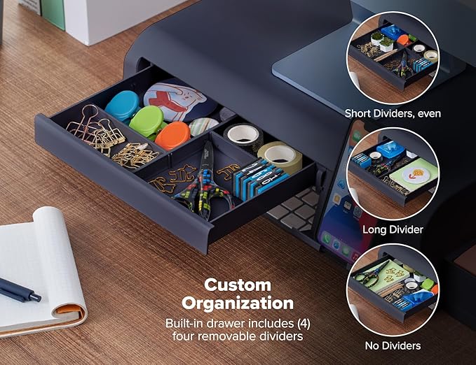 Bostitch Konnect Adjustable Monitor Riser with Drawer, Cell Phone Stand & Pencil Holder, Laptop Stand for Desk, 4 Height Levels, Cable Management & Rubber Feet