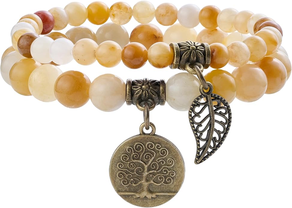 Bivei Natural Semi Precious Gemstone beads bracelet for women - Life Tree and Leaf Charm Energy Reiki Crystal Stretch Bracelets