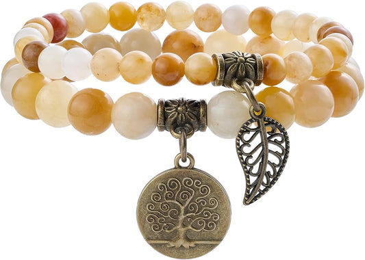 Bivei Natural Semi Precious Gemstone beads bracelet for women - Life Tree and Leaf Charm Energy Reiki Crystal Stretch Bracelets
