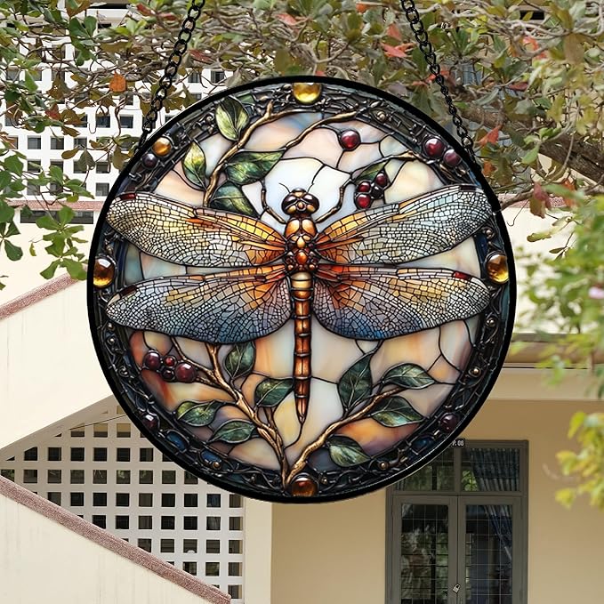 Stained Glass Window Hanging - Dragonfly Plant Suncatcher Ready to Hang Window Doors Home Decoration, Christmas, Mother's Day Birthday Gifts for Women, Men, and Mom 14.9x14.9 in