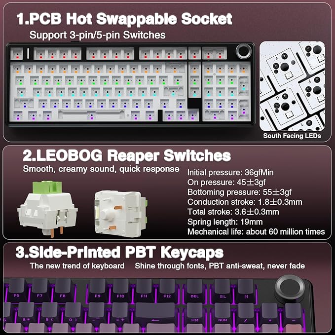 AULA F99 Pro Wireless Mechanical Keyboard with Knob,Tri-Mode BT5.0/USB-C/2.4GHz Hot Swappable Keyboard,Gasket Structure,Creamy Sound,RGB Backlit Computer Gaming Keyboards