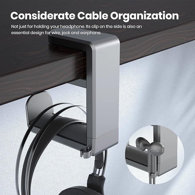 EURPMASK PC Gaming Headset Stand - Adjustable Clamp-on Headphone Holder, 360 Degree Swivel & Cable Clip Organizer - Space Grey