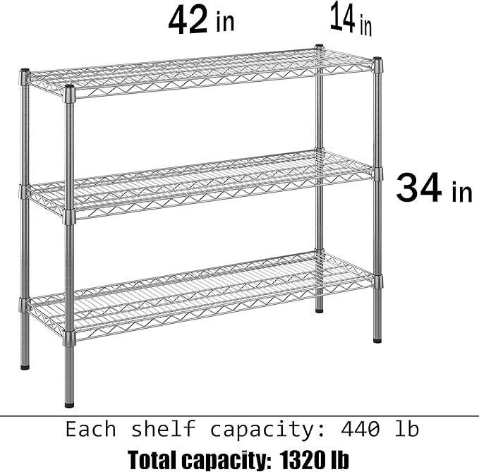 14" Deep x 42" Wide x 34" Height Wire Shelving Kit | 3-Tier | NSF Commercial Storage Rack Unit