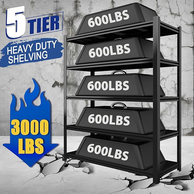 3000LBS Garage Shelving Units and Storage, Heavy Duty Shelf Rack, 5 Tier Shelves for Garage Storage, Metal Adjustable Shelf for Basement, Warehouse and Supermarket