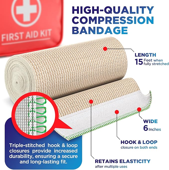 Premium Elastic Bandage Wrap - 6” (5pk) - Strong Compression - Self-Closing Reusable Bandages for Legs, Knee, Abdomen, Lymphedema - Body Wrap
