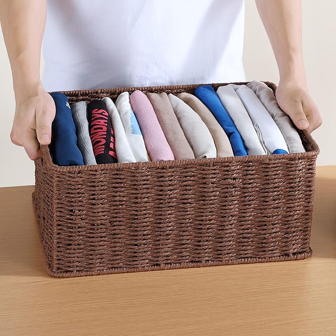 HOONEX Large Woven Baskets for Storage, Paper Rope Baskets with Sturdy Metal Wire Frame, Baskets for Shelves, Set of 3, Dark Brown