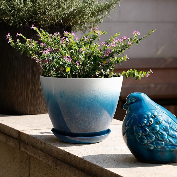 Worth Garden Plastic Round 8" Plant Pots - Set of 6 Multicolor Small Gloss Flower Pot Planters with Drainage Hole and Saucer - Home Decorative Christmas Containers