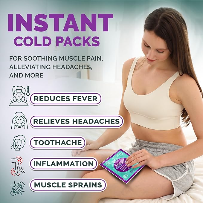Bulk Instant Ice Cold Packs (6” x 5”) - 50 Packs Disposable Instant Ice Packs for Injuries | Cold Compress Ice Pack for Pain Relief, Swelling, First Aid, & Outdoor Activities