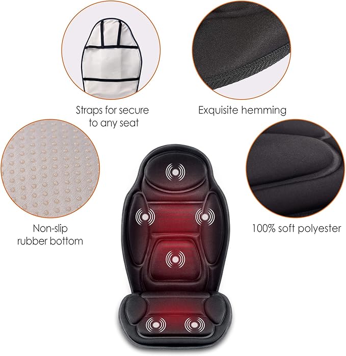 Snailax Massage Seat Cushion - Back Massager with Heat, 6 Vibration Massage Nodes & 2 Heat Levels, Massage Chair Pad for Home Office Chair，Black