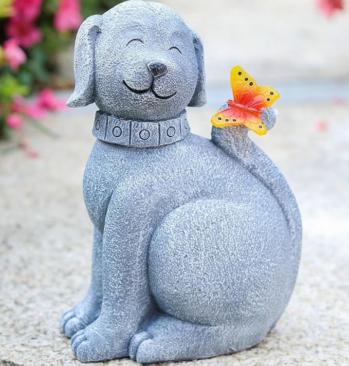 Solar Garden Statue Dog Figurine- Garden Art with Butterfly Light, Art Dog Sculpture for Patio,Balcony,Yard, Lawn-Unique Housewarming Gift for Mom Grandma