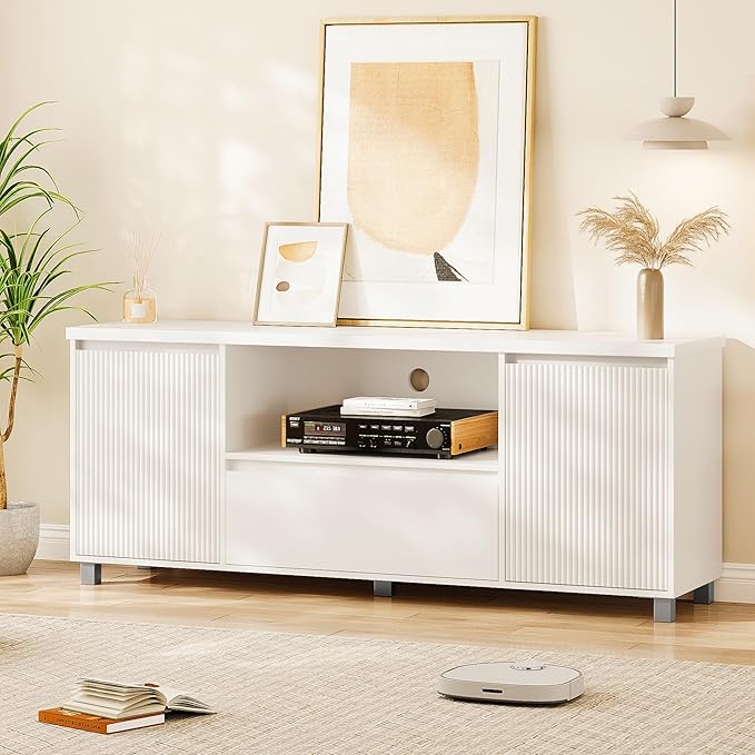 Garvee 63in TV Stand for 60/65/70 Inch TV, Fluted Entertainment Center with Storage Drawer and Open Shelves, Modern TV Console Media Cabinet for Living Room, Bedroom, White