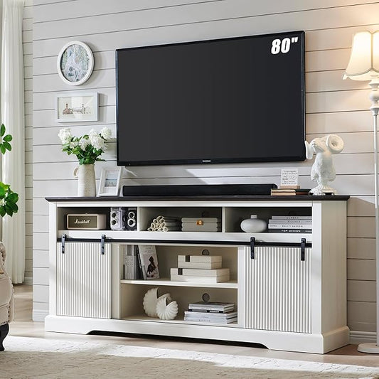 Fluted TV Stand for 80 Inch TVs, 32" Modern Entertainment Center with Waveform Panel Sliding Door, Media Console Cabinet w/Storage, Soundbar & Adjustable Shelf for Living Room, 70 inch (White)