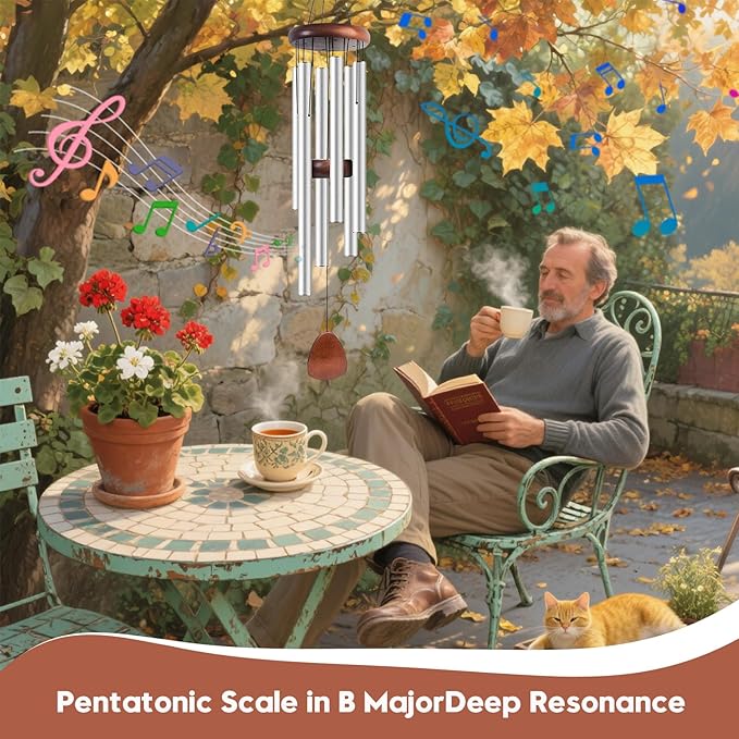 Aluminum Wind Chimes for Outdoor Garden and Yard with Soothing Deep Tones, Creates a Peaceful Ambiance with Sophisticated Wind Catcher, Ideal Calming Gift for Families (Silver, 37 Inches)