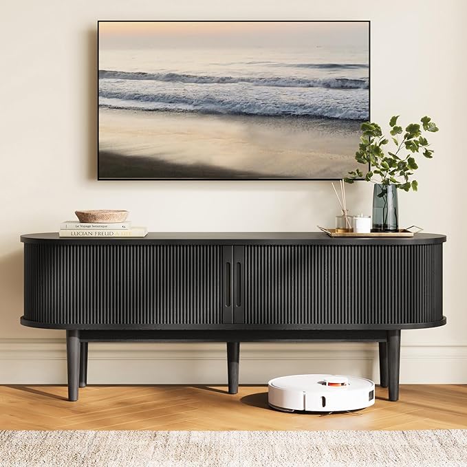 LINSY HOME Fluted TV Stand for 65" TV, Mid-Century Modern Wood Entertainment Center with Sliding Tambour Door and Storage Cabinet, Boho TV Media Console Table for Living Room, Bedroom, Black