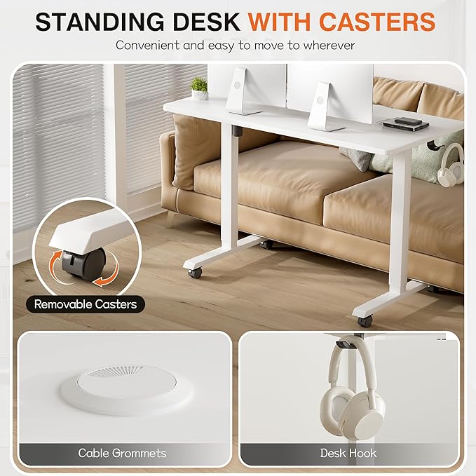 Furmax Electric Standing Desk, 47 x 24 Inches Height Adjustable Desk with Removable Casters, Home Office Computer Desk (White)