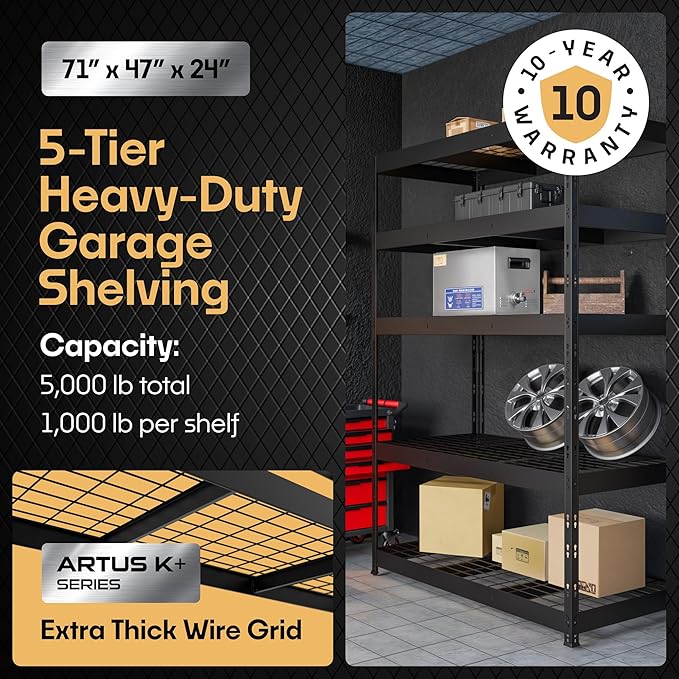 Metalkast Heavy-Duty Metal Garage Shelving | 71" H x 47" W x 24" D | Adjustable Industrial Storage Rack with Wire Shelves | 5-Tier Steel Shelving Unit, 5,000LB Capacity, Rust-Resistant Coating