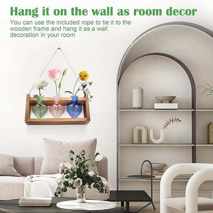 Plant Propagation Station, Propagation Vases for Plants with Wood Stand Heart Shape Glass Planters for Indoor Plants Gifts for Women Plant Lover with a Lanyard