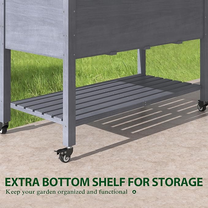 47.1x22.6x32.7in Raised Garden Bed Featuring Legs, Outdoor Elevated Wood Planted Box Equipped with Wheels & Shelf for Vegetable Flower, Backyard and Patio, Gray