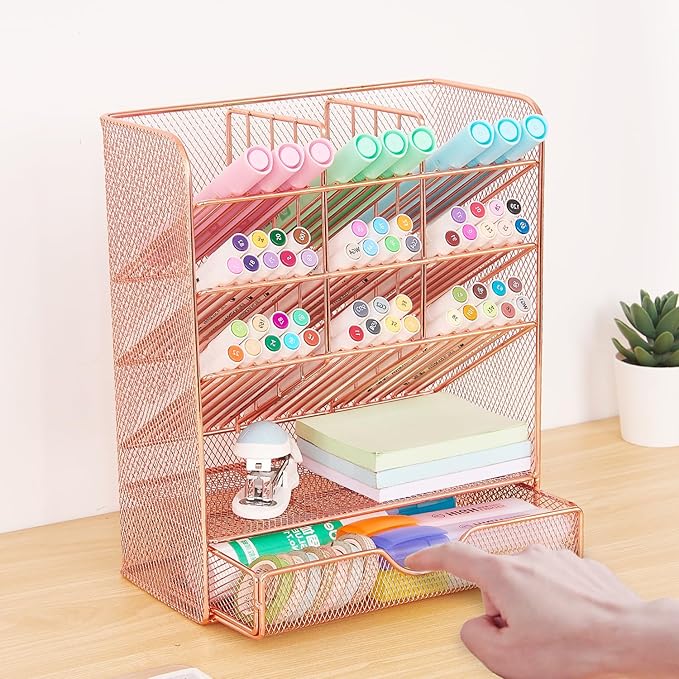Spacrea Pen Holder Desk Organizer - Desk Organizers and Accessories, Pencil Holder with 10 Compartments and 1 Drawer（Rose Gold）