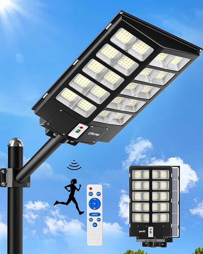 Ofuray Of-5200W Solar Street Lights Outdoor, 520000LM Solar Security Flood Lights Parking Lot Lights Commercial Dusk to Dawn, IP67 6500k LED Street Light with Remote Control for Street,Court,Barn