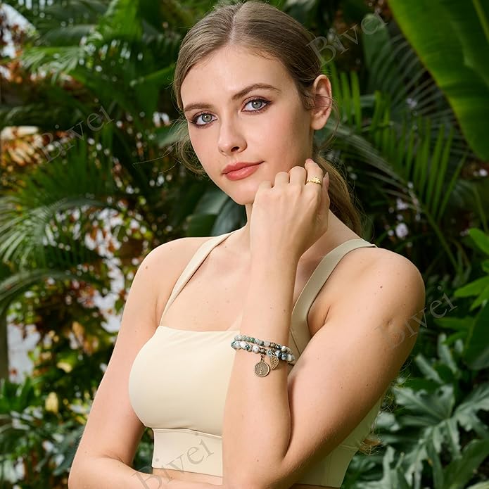 Bivei Natural Semi Precious Gemstone beads bracelet for women - Life Tree and Leaf Charm Energy Reiki Crystal Stretch Bracelets