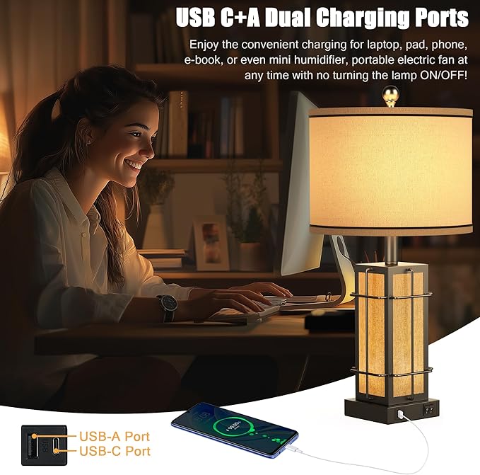 Black Table Lamps Set of 2, 24" Farmhouse Lamps for Living Room with USB C+A Ports, Industrial Retro Lamps for Bedroom, Nightstand Light Fixture, 2 Bulbs Included