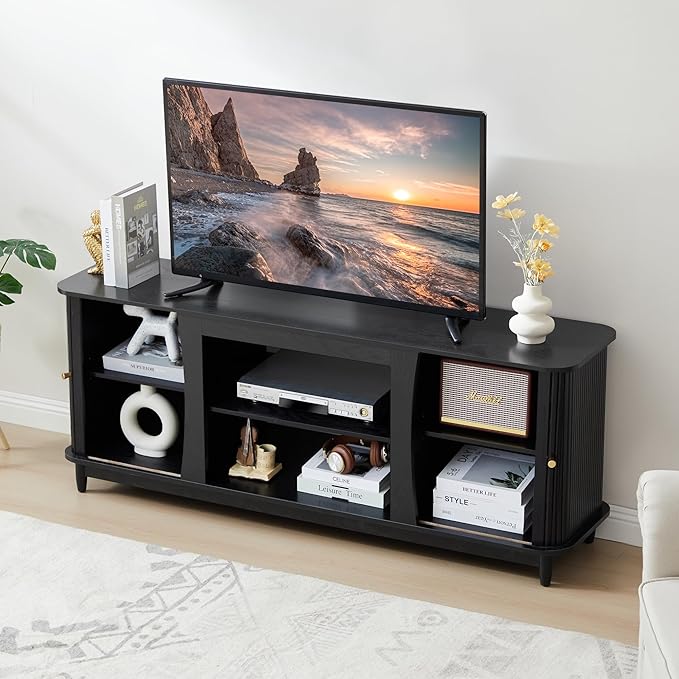 TV Stand, Fluted Media Console Table with Storage and Sliding Door, Farmhouse Entertainment Center for Living Room, Home Office (Black-No Fireplace)