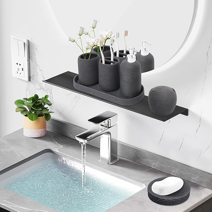 Resin Bathroom Accessory Set - 6PCS Bathroom Accessories Set, Bath Vanity Countertop Accessories with Soap Dish, Lotion Dispenser, Toothbrush Holder, Toothbrush Cup, Vantiy Tray, Qtip Holder (Black)