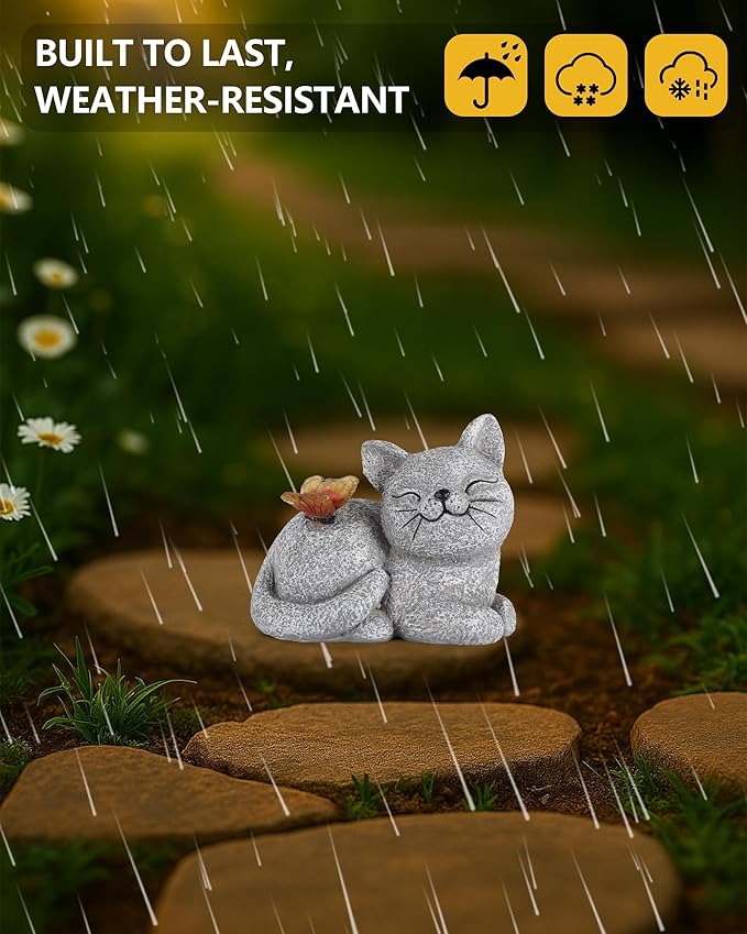 Solar Cat Garden Statue with Butterfly Light – 5-Inch Outdoor Resin Figurine for Yard, Patio, Balcony – Gifts for Women, Garden Decor Accent (Cat)