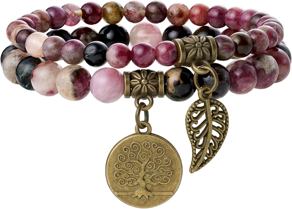 Bivei Natural Semi Precious Gemstone beads bracelet for women - Life Tree and Leaf Charm Energy Reiki Crystal Stretch Bracelets