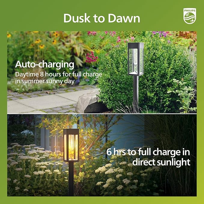 Philips 8 Packs Solar Pathway Lights Outdoor, Glass Metal Led Garden Landscape Lightings, 3000K Warm White, Waterproof for Decor Yard, Walkway, Patio, Driveway, Lawn