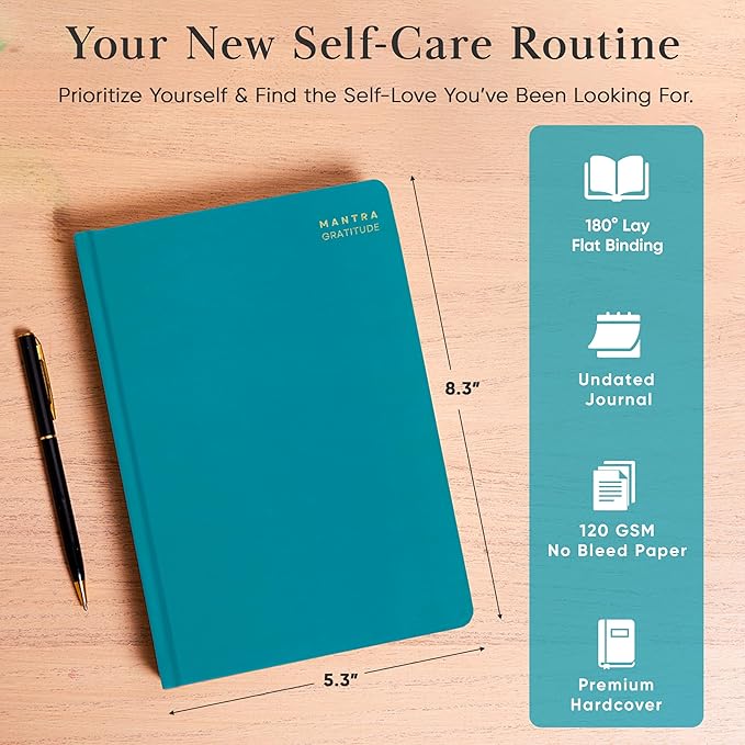 Gratitude Journal For Women & Men - Mental Health, Self Love & Self Care Journal - Teal - 5.8" x 8.3" - Mantra Planner