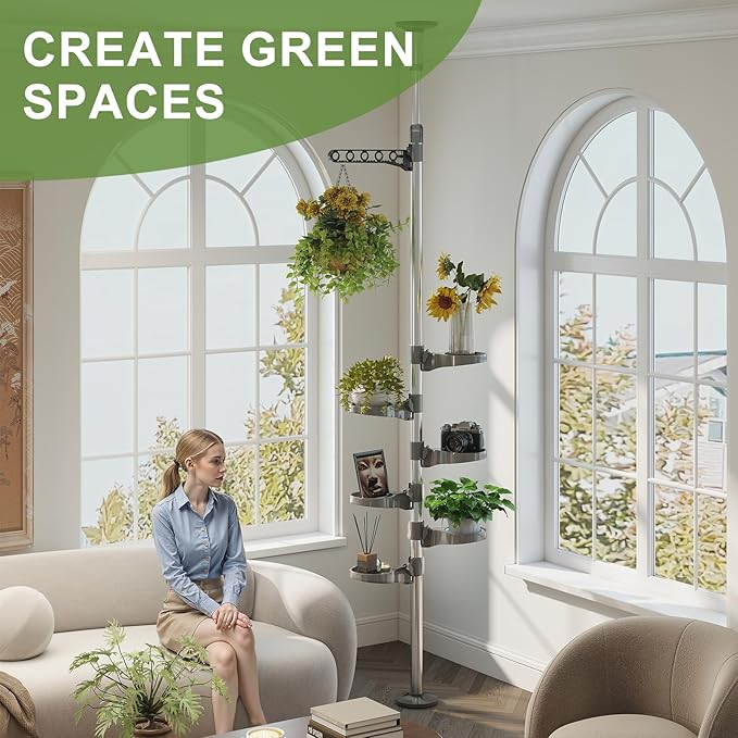 BAOYOUNI 7-Tier Indoor Plant Pole Spring Tension Rod Expandable Flower Pots Display Rack Stand Hanger Metal Corner Storage Shelf, Grey