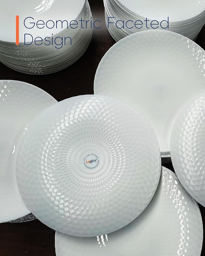 Dinnerware Sets for 4, Light & Durable 12 Pieces Opal Glass Plates and Bowls Set, Dishwasher and Microwave Safe Ribbed Dish Dinning Ware, Thin but Strong Geometric Faceted White