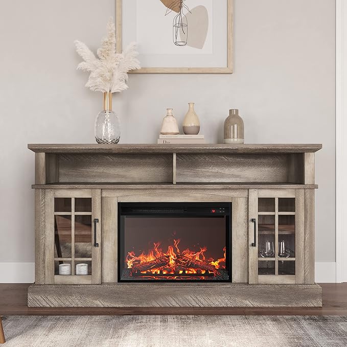 BELLEZE Traditional 58" Rustic TV Stand with 23" Electric Fireplace Heater with Sound, Media Entertainment Center Console Table for TV up to 65" with Open Storage Shelves and Cabinets - Ashland Pine