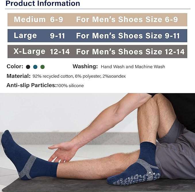 Muezna Men's Non-Slip Yoga Socks, Anti-Skid Pilates, Barre, Bikram Fitness Hospital Slipper Socks with Grips