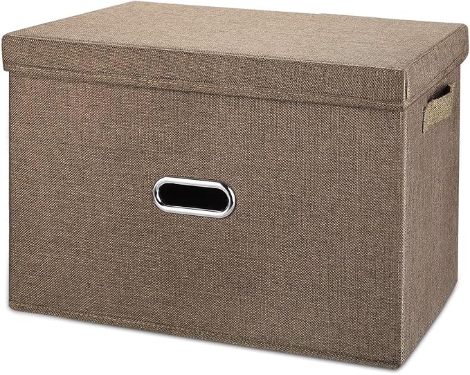 Large Linen Collapsible Storage Bins with Removable Lids and Handles, Washable Storage Box Containers Baskets Cube with Cover for Bedroom,Closet,Office,Living Room,Nursery (Coffee, Large)