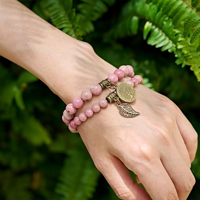Bivei Natural Semi Precious Gemstone beads bracelet for women - Life Tree and Leaf Charm Energy Reiki Crystal Stretch Bracelets