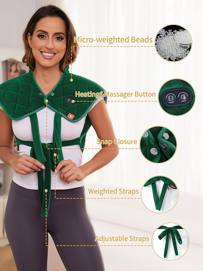 Vofuoti Heating Pad for Neck and Shoulders, Portable Heating Pad with Massager and Battery, Weighted Electric Heated Neck Shoulder Wrap, 16'' x 22'', 2.2lbs