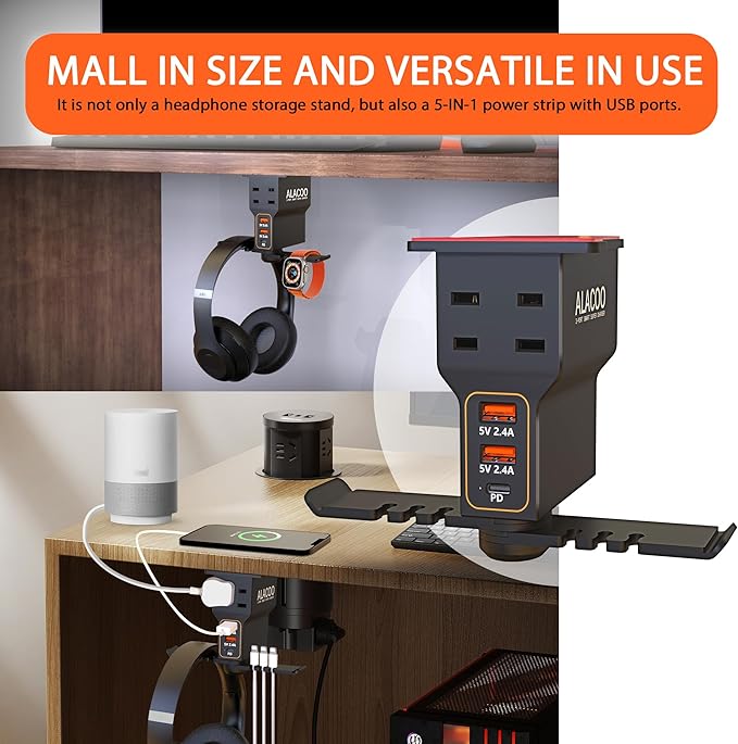 All-in-One Under Desk Headset Stand with Charging Station - Dual 360° Rotating Hooks, 3 USB Ports & AC Outlet, Built-in Surge Protector and Cable Management (Black)