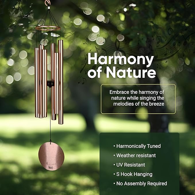 Nature’s Melody Aureole Tunes Wind Chimes – Outdoor Windchime with 6 Tubes Tuned to B Pentatonic Scale, 100% Rustproof Aluminum, Powder Finish & S Hook Hanger for Sympathy, Memorial Gift or Zen Garden