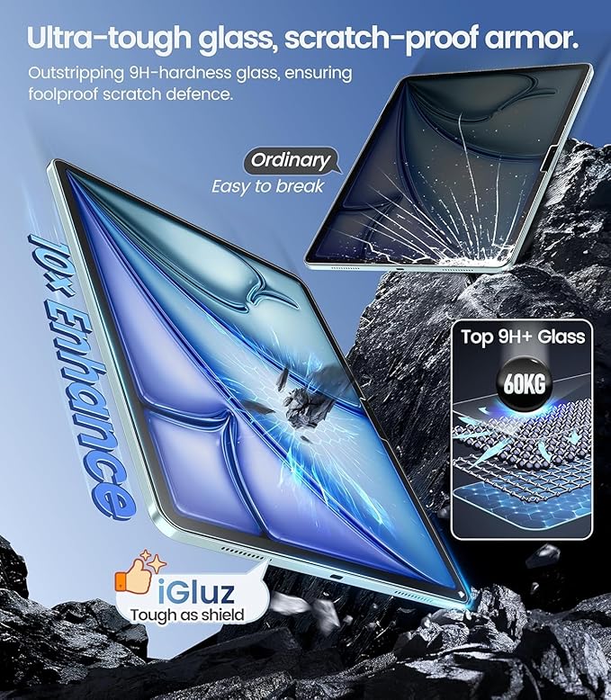 iGluz 2 Pack Screen Protector for iPad Air 13-inch M3/M2 2025/2024 9H+ Tempered Glass with Easy-Install Box[12FT Military Grade Shatterproof] HD Clarity,Scratch Resistant
