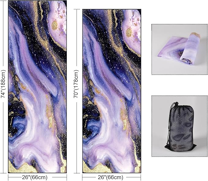 QiyI Yoga Mat Towel with Corner Pockets, Non Slip Sweat Absorbent Hot Yoga Towels, Soft Yoga Blankets with Travel Bag, Skidless Mat Cover for Workout, Gym, Fitness - 70"x26", Purple & Pink Grain
